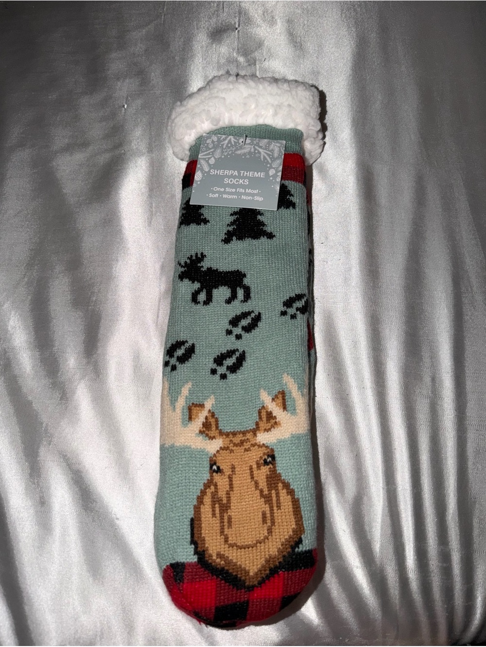 Sherpa Theme Moose Cozy Socks - Light Teal